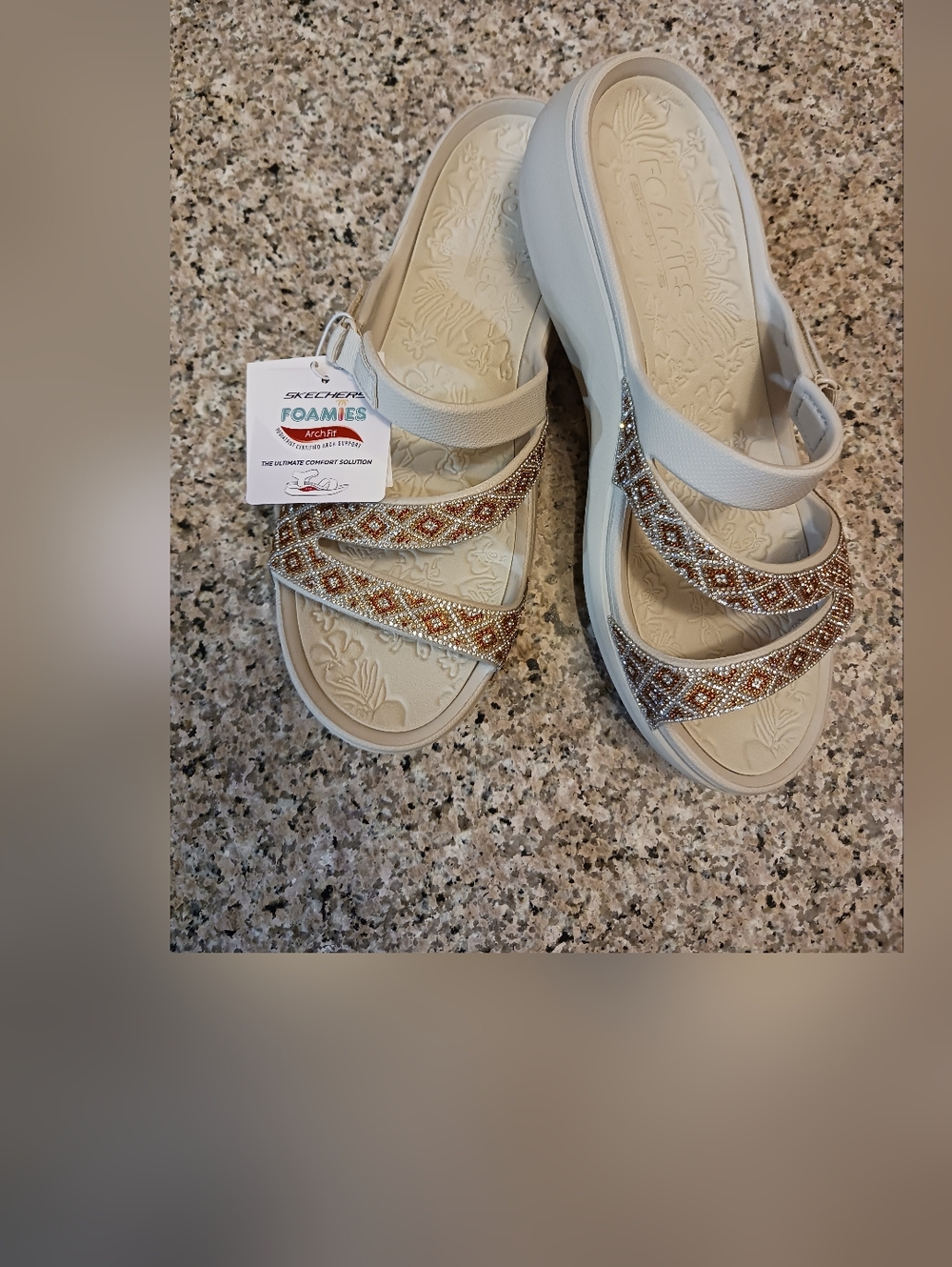 Skechers Women’s Foamies Beaded Sandal - Cream with Bronze and Silver Beading